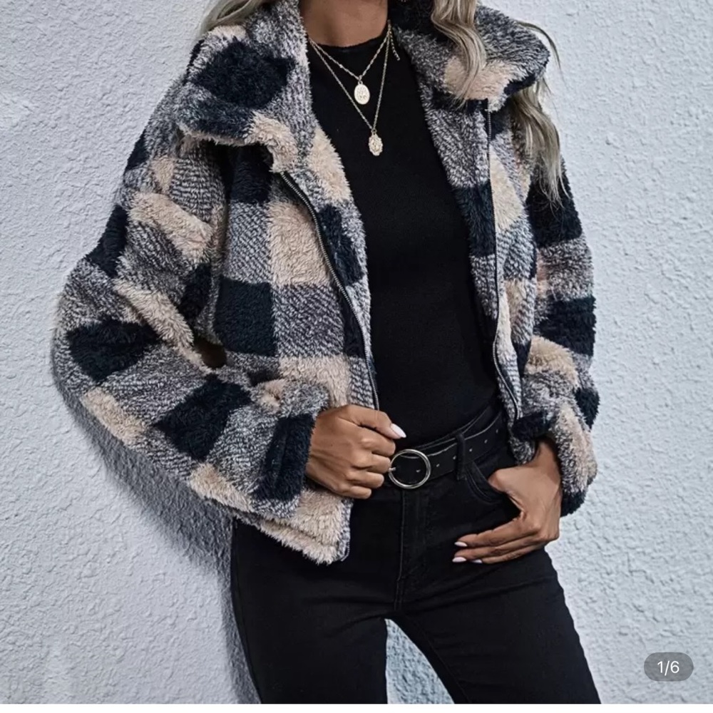 Plaid Faux Fur Jacket - Black and Cream